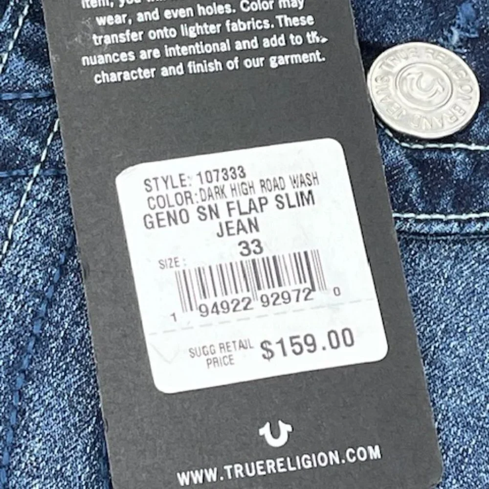 True Religion Geno SN Flap Relaxed Slim Blue Men's Size 33 X 32 Jeans NEW $159